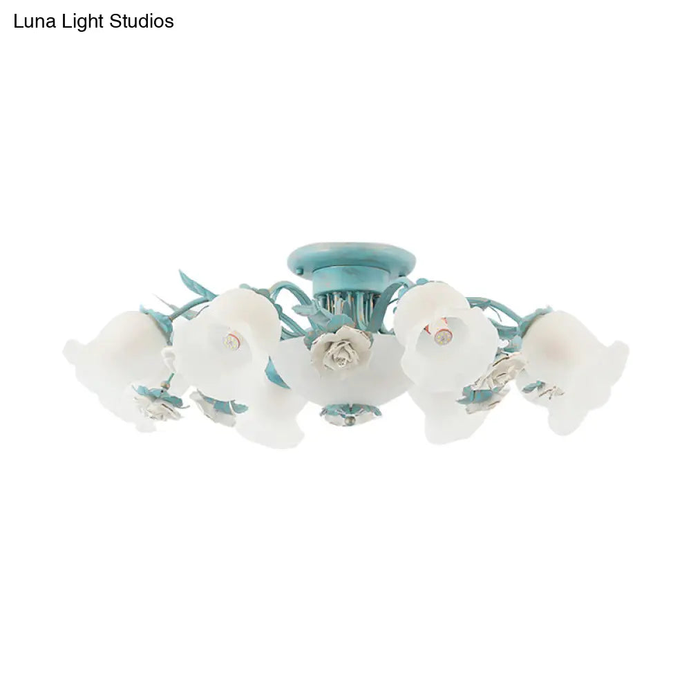 Korean Garden Floral Semi Flush Mount Light Fixture - Cream Glass 5/7/11 Lights Pink/Blue Bedroom