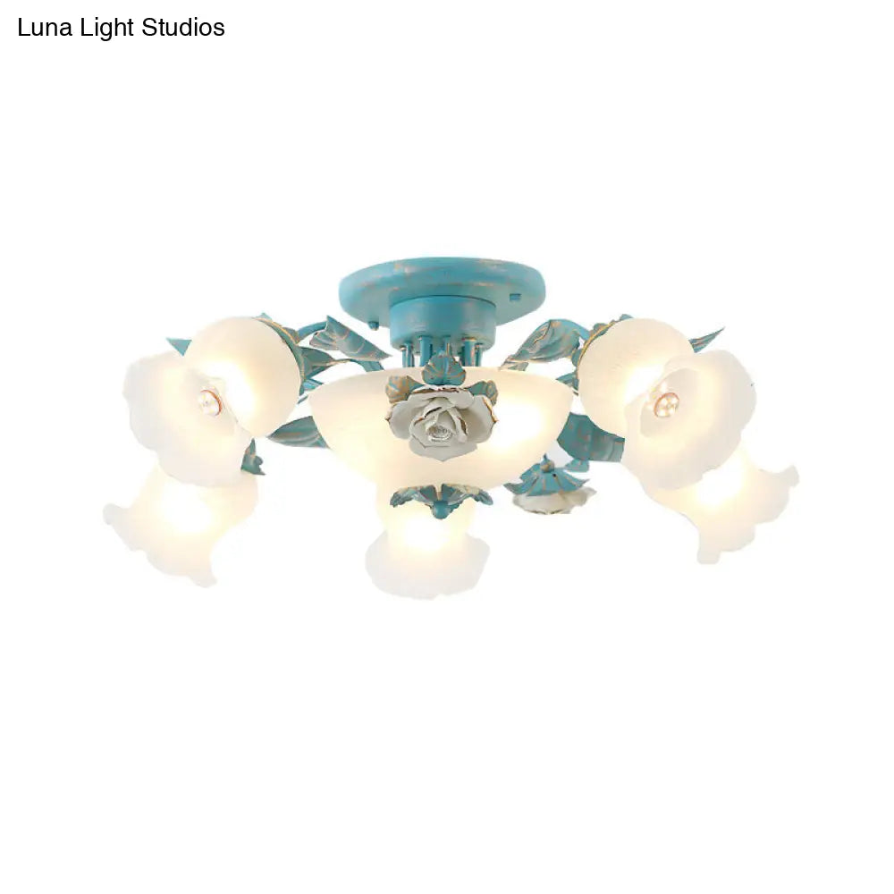 Korean Garden Floral Semi Flush Mount Light Fixture - Cream Glass 5/7/11 Lights Pink/Blue Bedroom