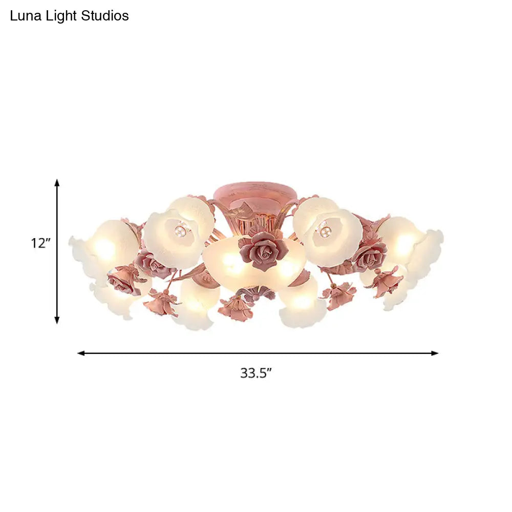 Korean Garden Floral Semi Flush Mount Light Fixture - Cream Glass 5/7/11 Lights Pink/Blue Bedroom