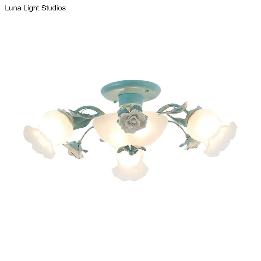 Korean Garden Floral Semi Flush Mount Light Fixture - Cream Glass 5/7/11 Lights Pink/Blue Bedroom
