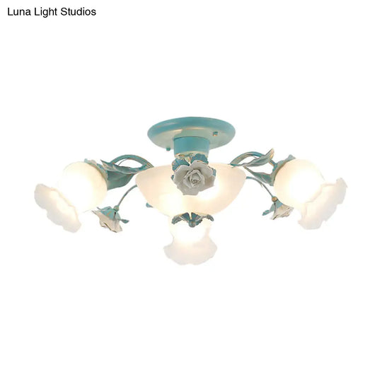 Korean Garden Floral Semi Flush Mount Light Fixture - Cream Glass 5/7/11 Lights Pink/Blue Bedroom