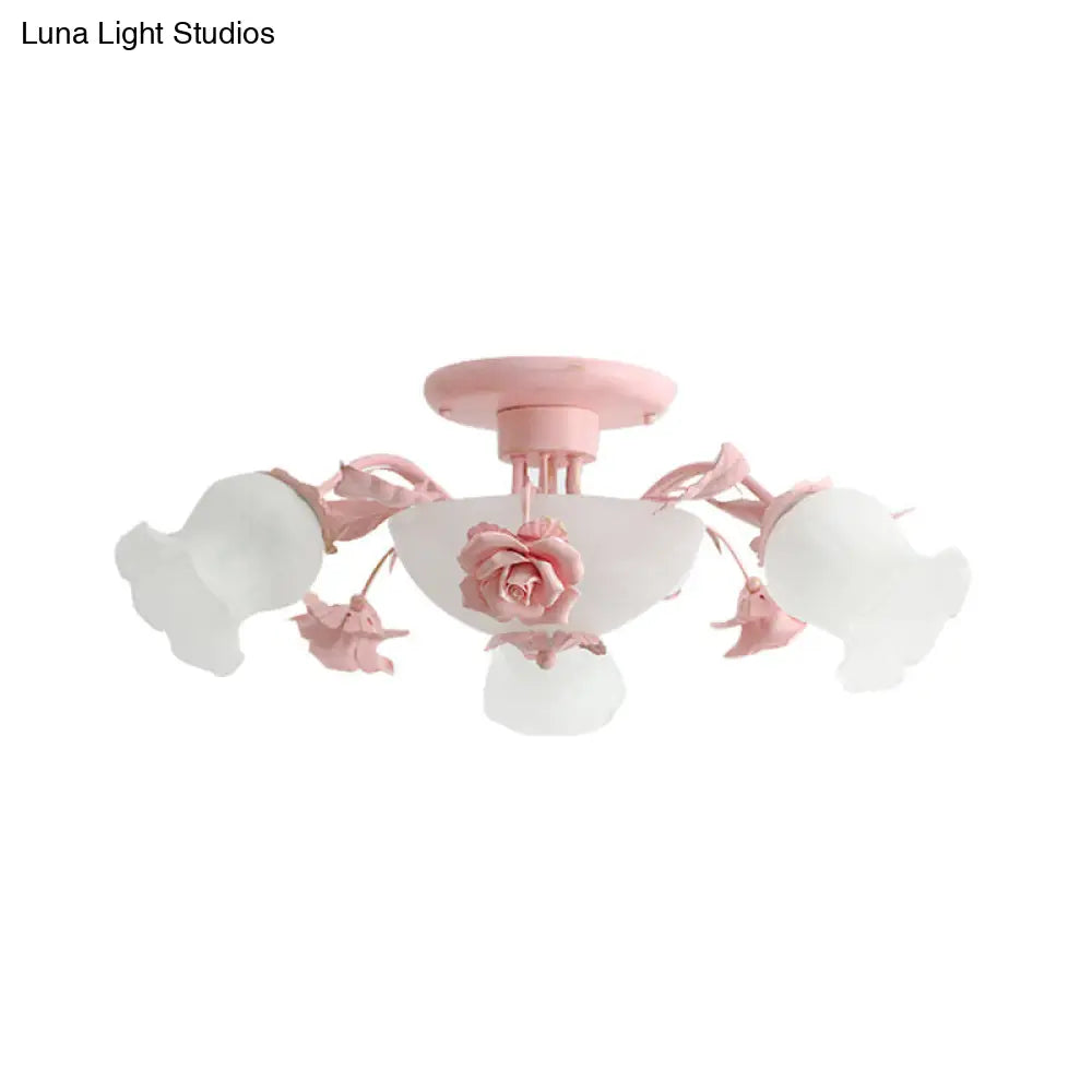 Korean Garden Floral Semi Flush Mount Light Fixture - Cream Glass 5/7/11 Lights Pink/Blue Bedroom