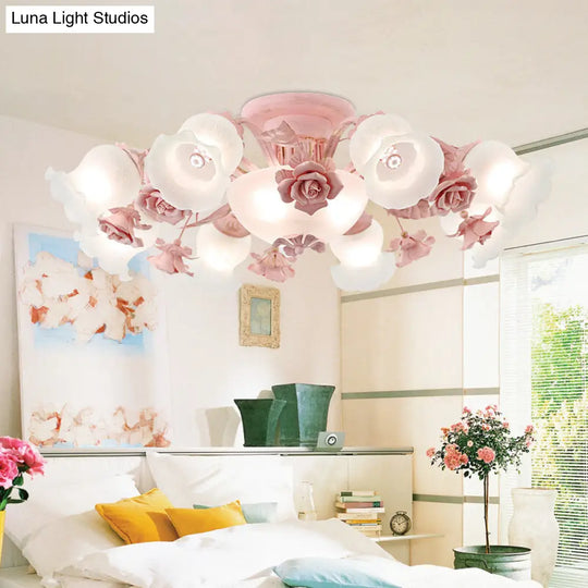 Korean Garden Floral Semi Flush Mount Light Fixture - Cream Glass 5/7/11 Lights Pink/Blue Bedroom
