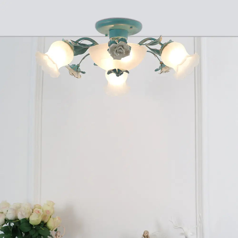 Korean Garden Flower Frost Glass Ceiling Mounted Light For Bedroom 5 / Blue