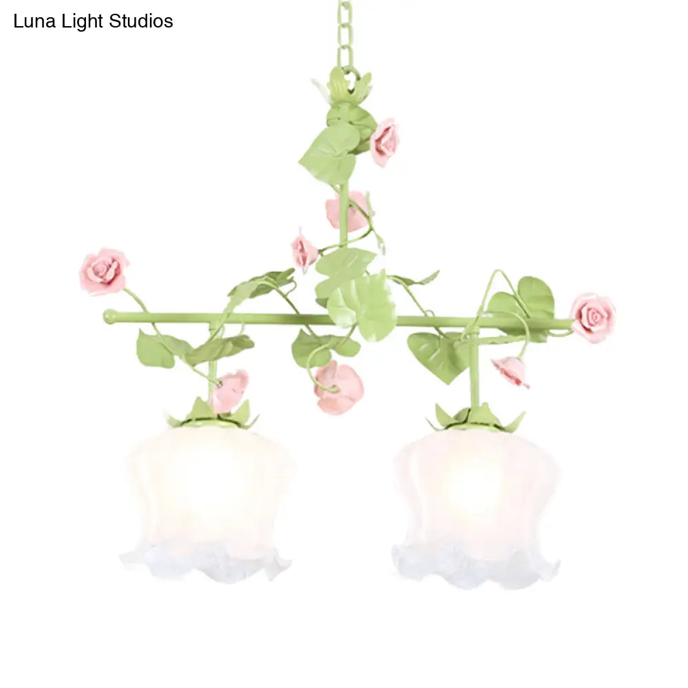 Korean Garden Floral Living Room Island Lamp With White Glass Shades Green Hanging Light Fixture (2