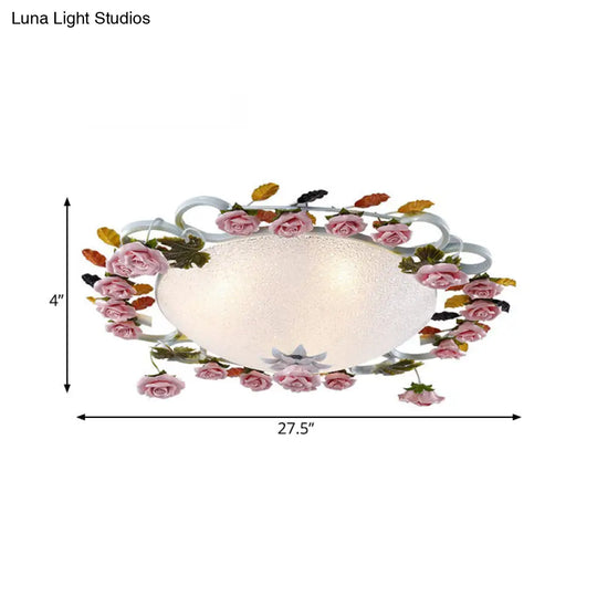 Korean Garden Led Flush Mount Ceiling Light With Pink Rose Accents - White Glass 23.5’/27.5’ Width