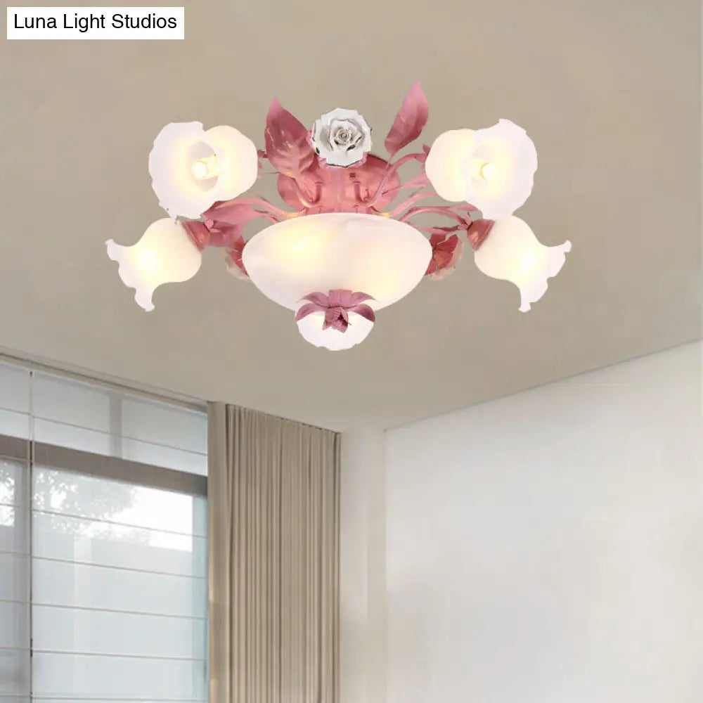 Korean Garden Opal Glass Semi-Flush Ceiling Light - Pink Blossom Design | Mounts Flush In