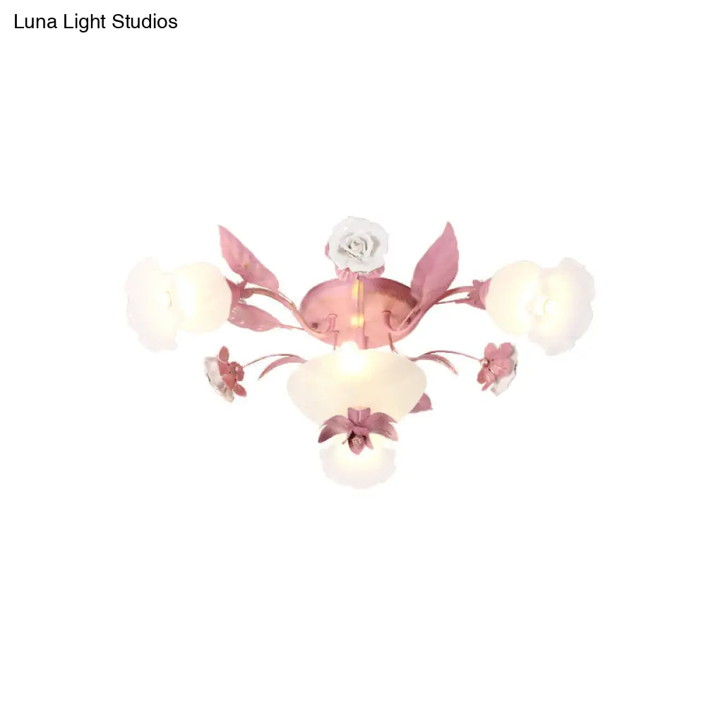 Korean Garden Opal Glass Semi - Flush Ceiling Light - Pink Blossom Design | Mounts Flush In