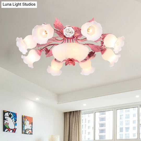 Korean Garden Opal Glass Semi-Flush Ceiling Light - Pink Blossom Design | Mounts Flush In