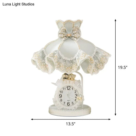 Korean Garden White Nightstand Lamp: Ruffled Fabric Shade Clock And Soft Bedroom Night Light