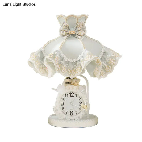 Korean Garden White Nightstand Lamp: Ruffled Fabric Shade Clock And Soft Bedroom Night Light
