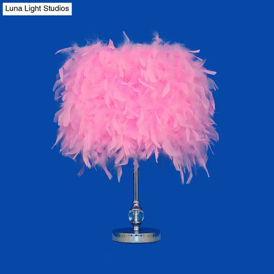 Feather Drum Night Lamp: Simple & Elegant 1-Light Bedroom Table Lighting In Pink/Red/Yellow With
