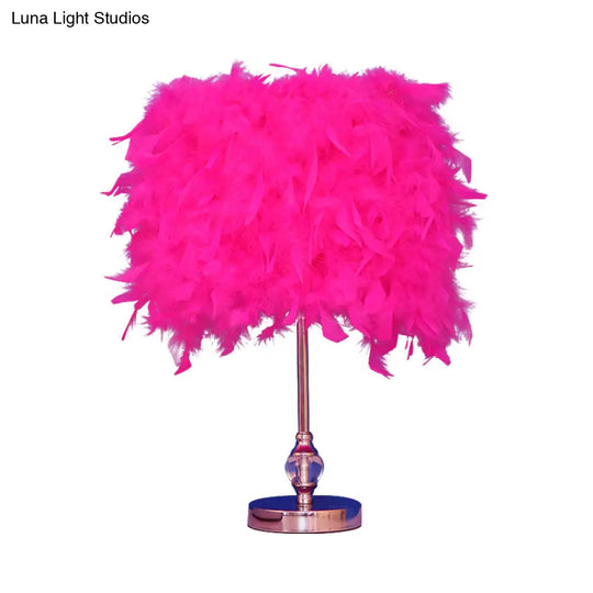 Lara - Simplicity Drum Night Lamp Feather 1-Light Bedroom Table Lighting In Pink/Red/Yellow With