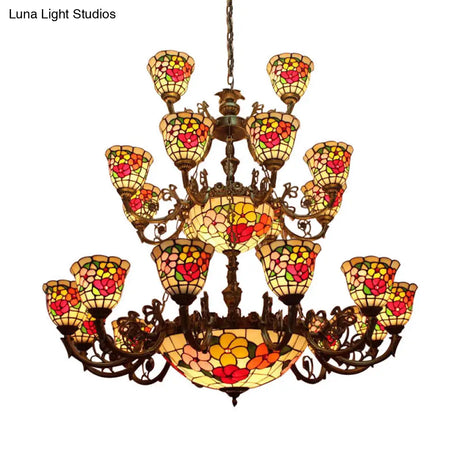 Large 3-Tier Rustic Stained Glass Floral Ceiling Chandelier Pendant