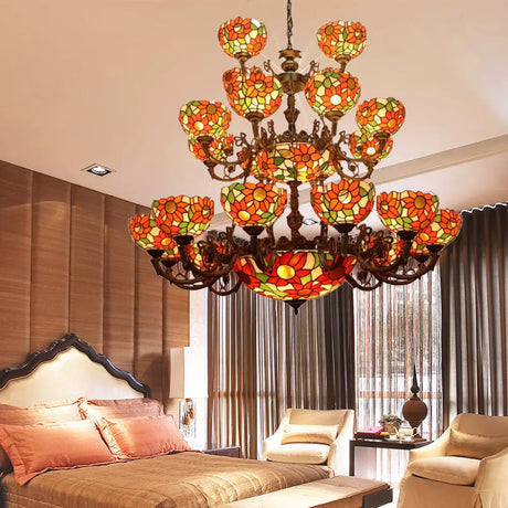 Large 3-Tier Rustic Stained Glass Floral Ceiling Chandelier Pendant Orange