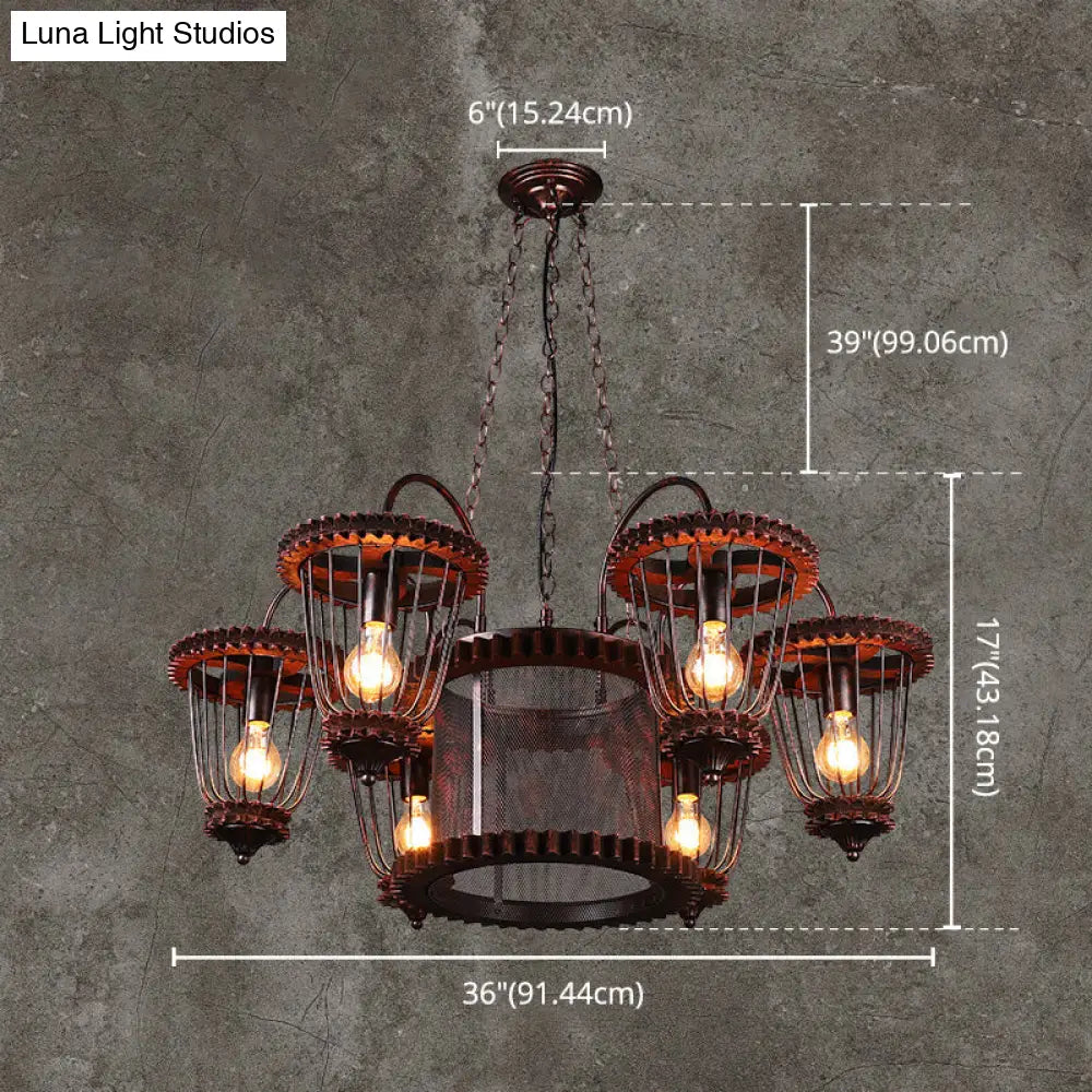 Rust Finish Large Cage Chandelier: Wrought Iron Industrial Pendant Light Fixture