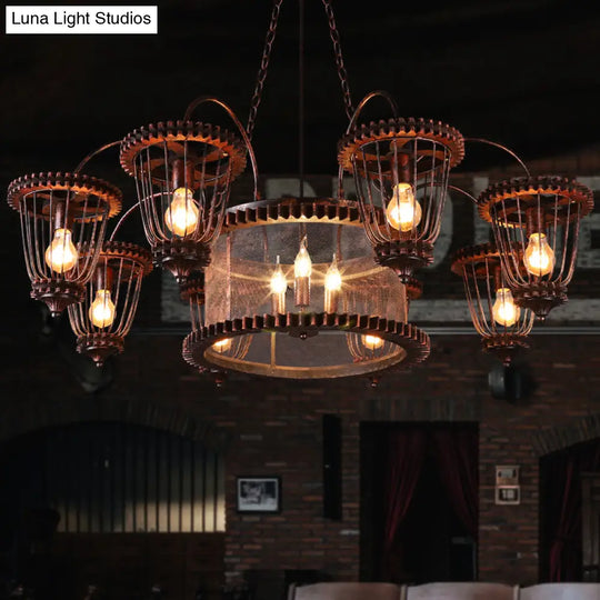 Large Cage Chandelier: Industrial Style Pendant Light Fixture In Wrought Iron With Rust Finish
