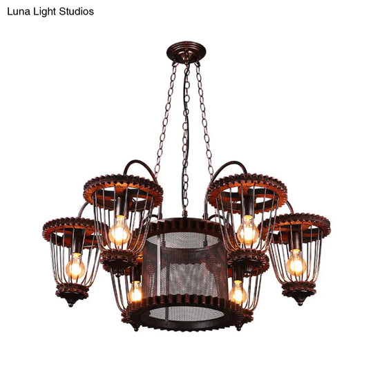 Large Cage Chandelier: Industrial Style Pendant Light Fixture In Wrought Iron With Rust Finish