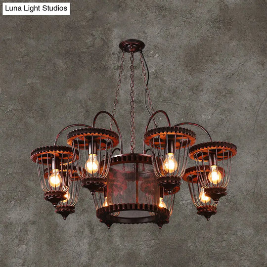 Rust Finish Large Cage Chandelier: Wrought Iron Industrial Pendant Light Fixture 8 /