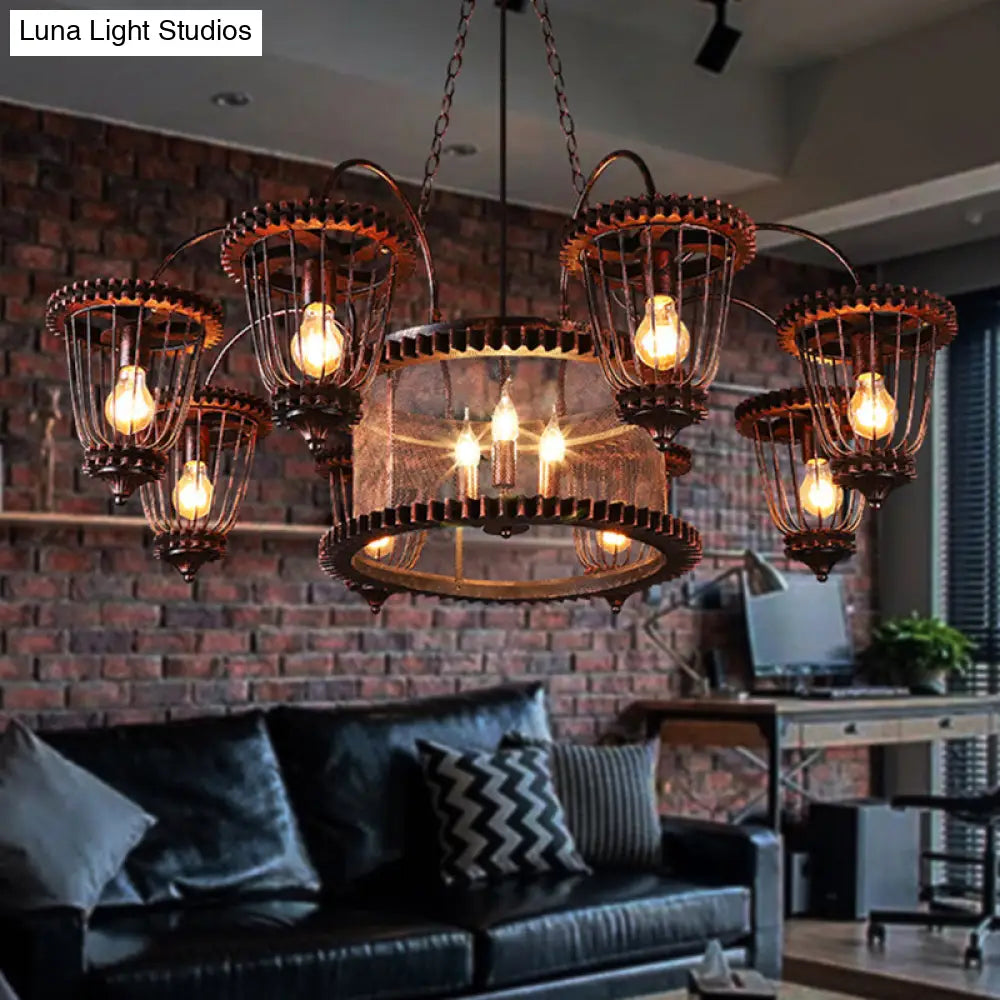 Rust Finish Large Cage Chandelier: Wrought Iron Industrial Pendant Light Fixture