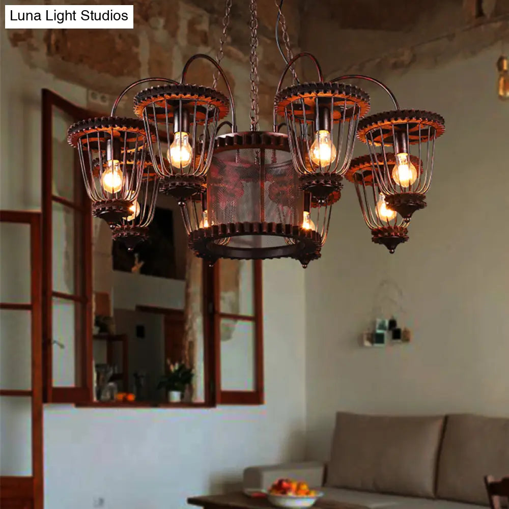 Large Cage Chandelier: Industrial Style Pendant Light Fixture In Wrought Iron With Rust Finish