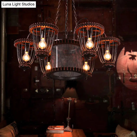 Large Cage Chandelier: Industrial Style Pendant Light Fixture In Wrought Iron With Rust Finish