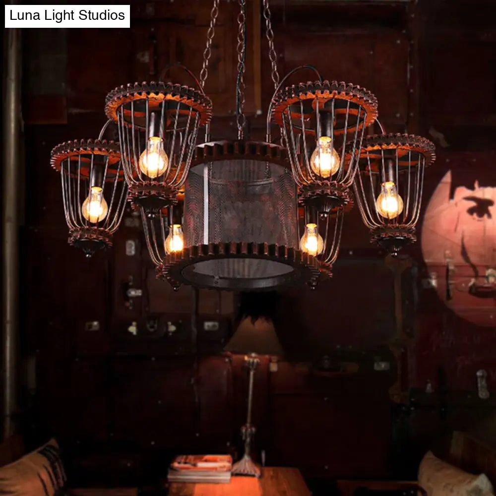 Rust Finish Large Cage Chandelier: Wrought Iron Industrial Pendant Light Fixture