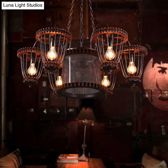 Rust Finish Large Cage Chandelier: Wrought Iron Industrial Pendant Light Fixture