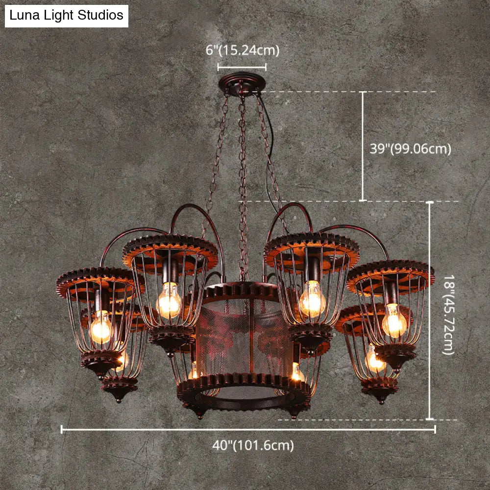 Large Cage Chandelier: Industrial Style Pendant Light Fixture In Wrought Iron With Rust Finish