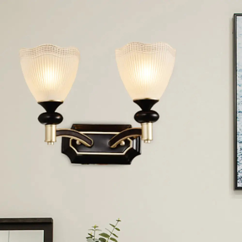 Latticed Glass Cone Up Wall Lamp - Translucent Farmhouse Style Black/Gold 1/2 Light Indoor Mount