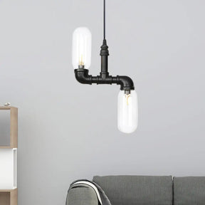 Laura - Black Clear Glass Capsule Shade Pendant Antiqued 2-Head Coffee Shop Led Ceiling Chandelier