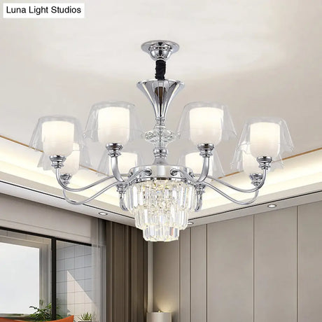 Layered Chandelier Minimalist Crystal Block Pendant - Chrome Ceiling Lighting With Clear Glass