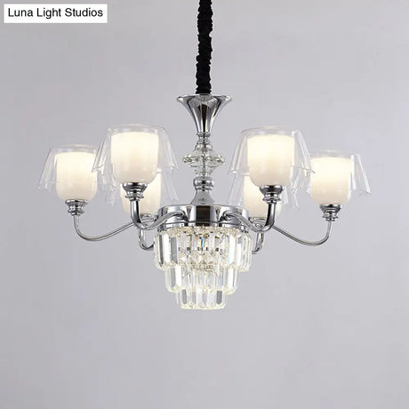 Layered Chandelier Minimalist Crystal Block Pendant - Chrome Ceiling Lighting With Clear Glass