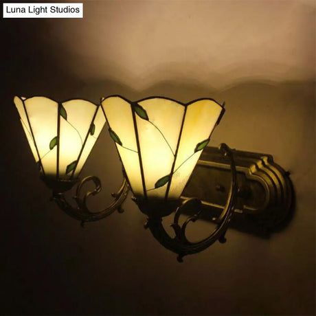 Leafy Beige Tiffany Rustic Wall Light With Dual Conical Heads - Ideal For Study Room