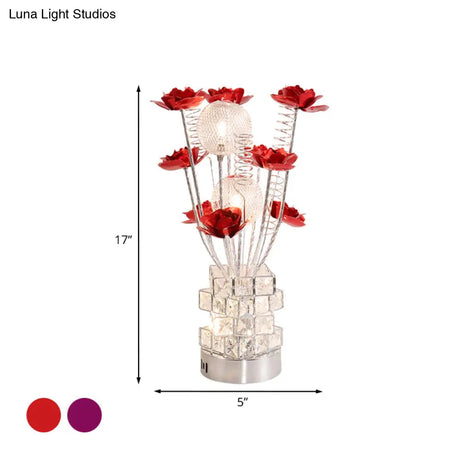 Led Aluminum Table Lamp With Crystal Block Base In Purple/Red - Art Decor Floral Design For Bedside