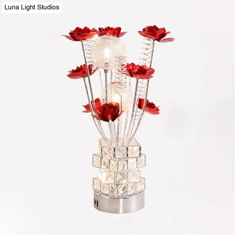 Led Aluminum Table Lamp With Crystal Block Base In Purple/Red - Art Decor Floral Design For Bedside