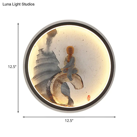 Led Asian Buddha Boy Mural Lamp: Wall Mounted Aluminum Lighting With Black Halo Ring - Ideal For