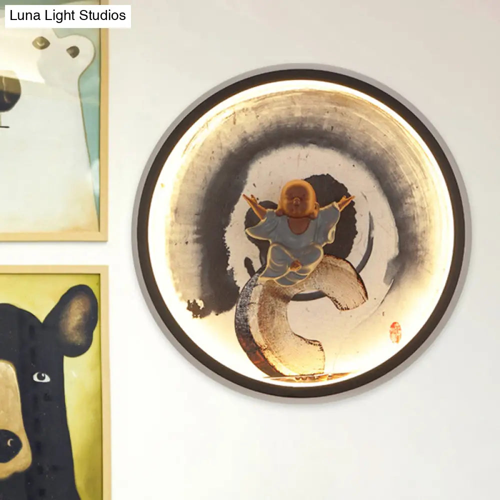 Led Asian Buddha Boy Mural Lamp: Wall Mounted Aluminum Lighting With Black Halo Ring - Ideal For