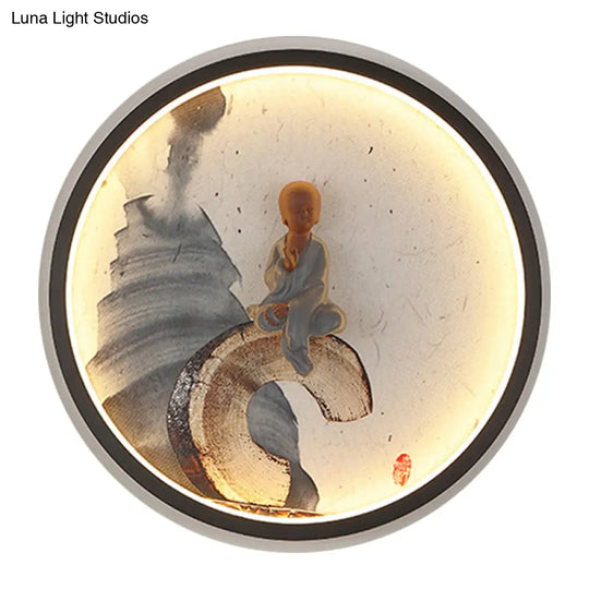 Led Asian Buddha Boy Mural Lamp: Wall Mounted Aluminum Lighting With Black Halo Ring - Ideal For