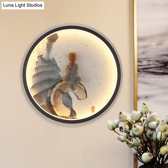 Led Asian Buddha Boy Mural Lamp: Wall Mounted Aluminum Lighting With Black Halo Ring - Ideal For