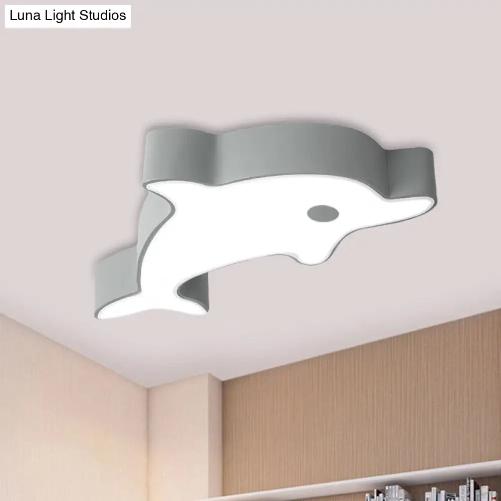 Led Bedroom Ceiling Flush Mount Dolphin Acrylic Shade Light In Cartoon Grey/Blue/Green Finish