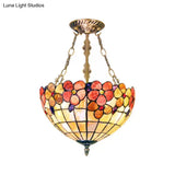 Led Bedroom Ceiling Light - Tiffany Style Floral Semi Flush In Aged Brass With Art Glass Shade