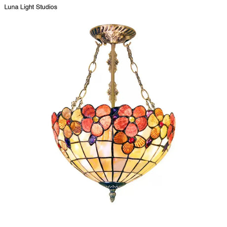 Led Bedroom Ceiling Light - Tiffany Style Floral Semi Flush In Aged Brass With Art Glass Shade