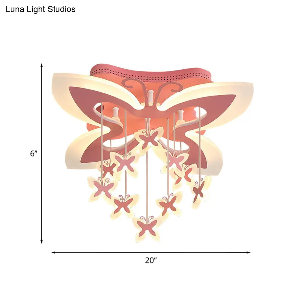Led Bedroom Flush Light: Pink Ceiling Mounted Fixture With Butterfly Acrylic Shade In Warm/White