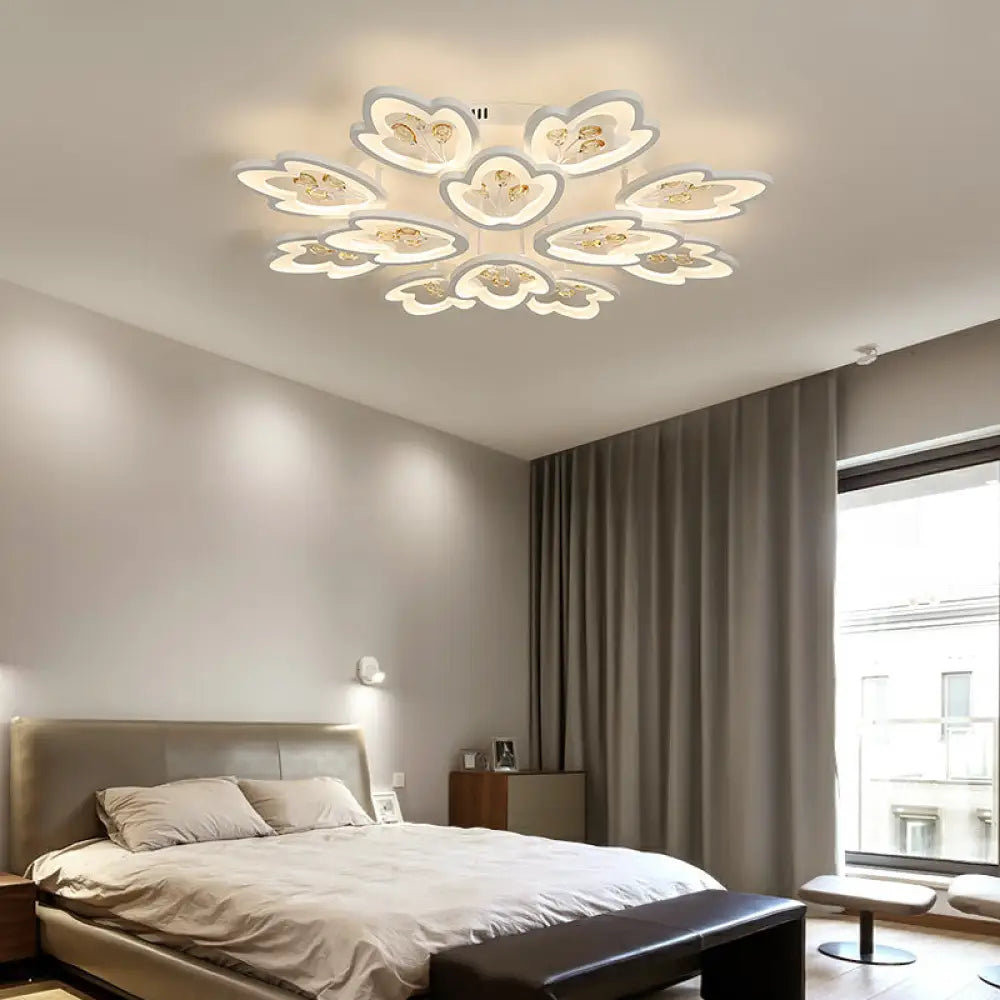 Led Bedroom Flush Light With Leaves Acrylic Shade - 3/5/9 - Light Options White Ceiling Lamp In