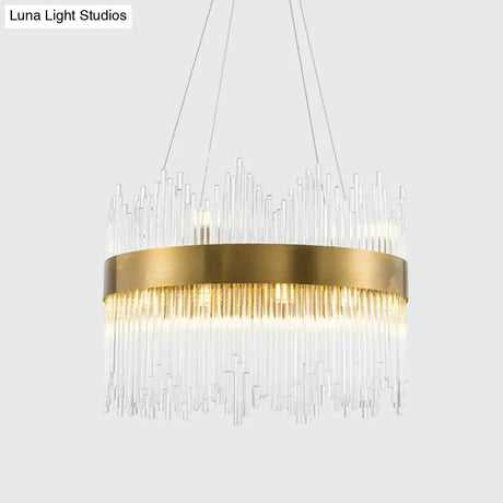 Led Brass Chandelier Light Fixture - Round Crystal Rod Suspension Waterfall Design 25.5’/31.5