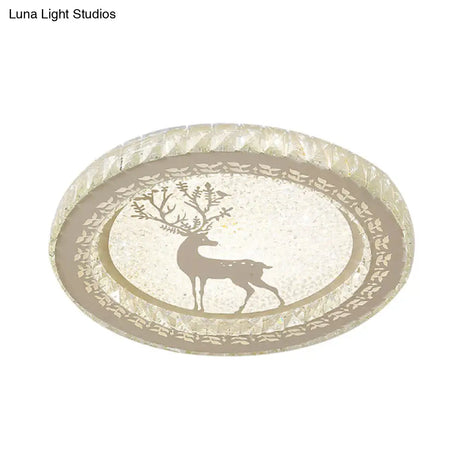 Led Crystal - Block Flush Light With Deer Pattern - Modern Stainless - Steel Circle Mount Fixture