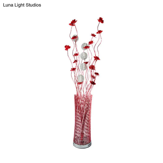 Led Decorative Aluminum Floor Reading Lamp - Twill Cylinder Style In Red/Gold With Bloom Design