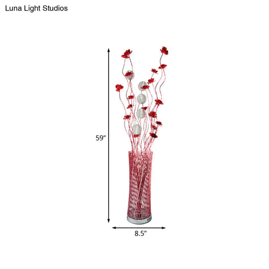 Led Decorative Aluminum Floor Reading Lamp - Twill Cylinder Style In Red/Gold With Bloom Design