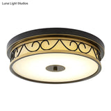 Led Drum Flush Mount Lamp - Traditional Black Frosted Glass Ceiling Light
